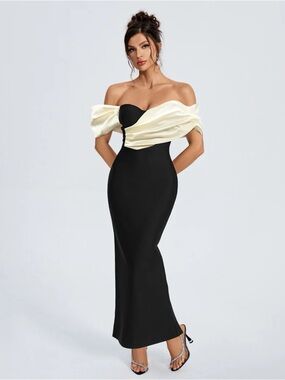 Black & Cream Off-Shoulder Mermaid Prom Dress